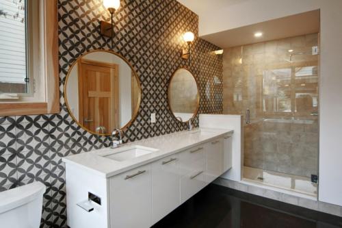 New construction Canmore polished concrete floors hickory trim industrial contemporary design patterned tiles new construction bathroom 