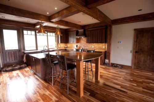 New construction Banff Canmore new construction kitchen hardwood floors timberframe wood granite kitchen contemporary industrial design 